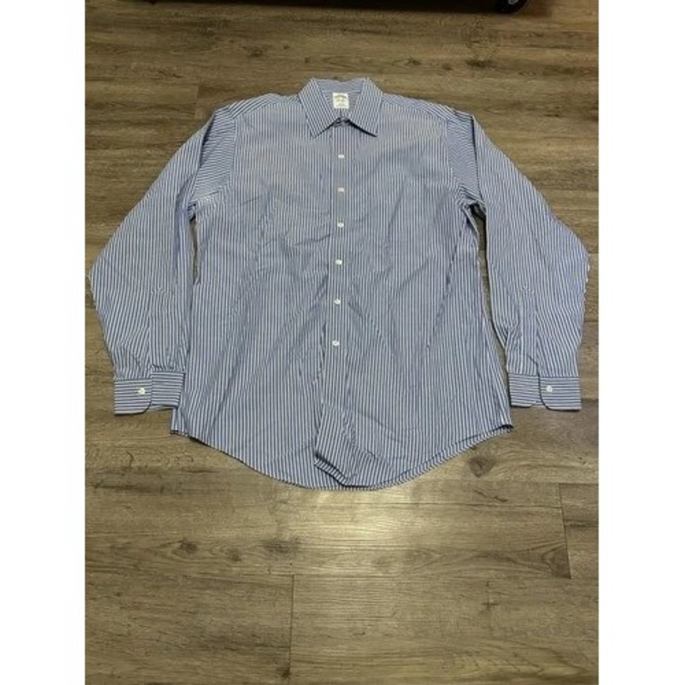 Brooks Brothers Dress Shirt Mens Slim Fit Non-Iron 16.5 36 Blue White Stripe